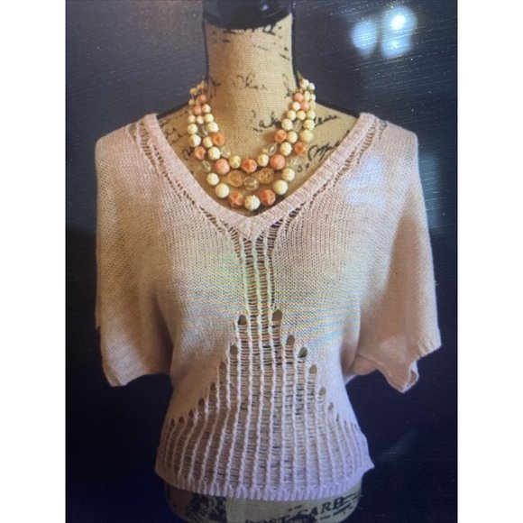 LA Made Linen Blend Small Sweater Crocheted Lightweight Blush Pink V-Neck - Picture 1 of 7